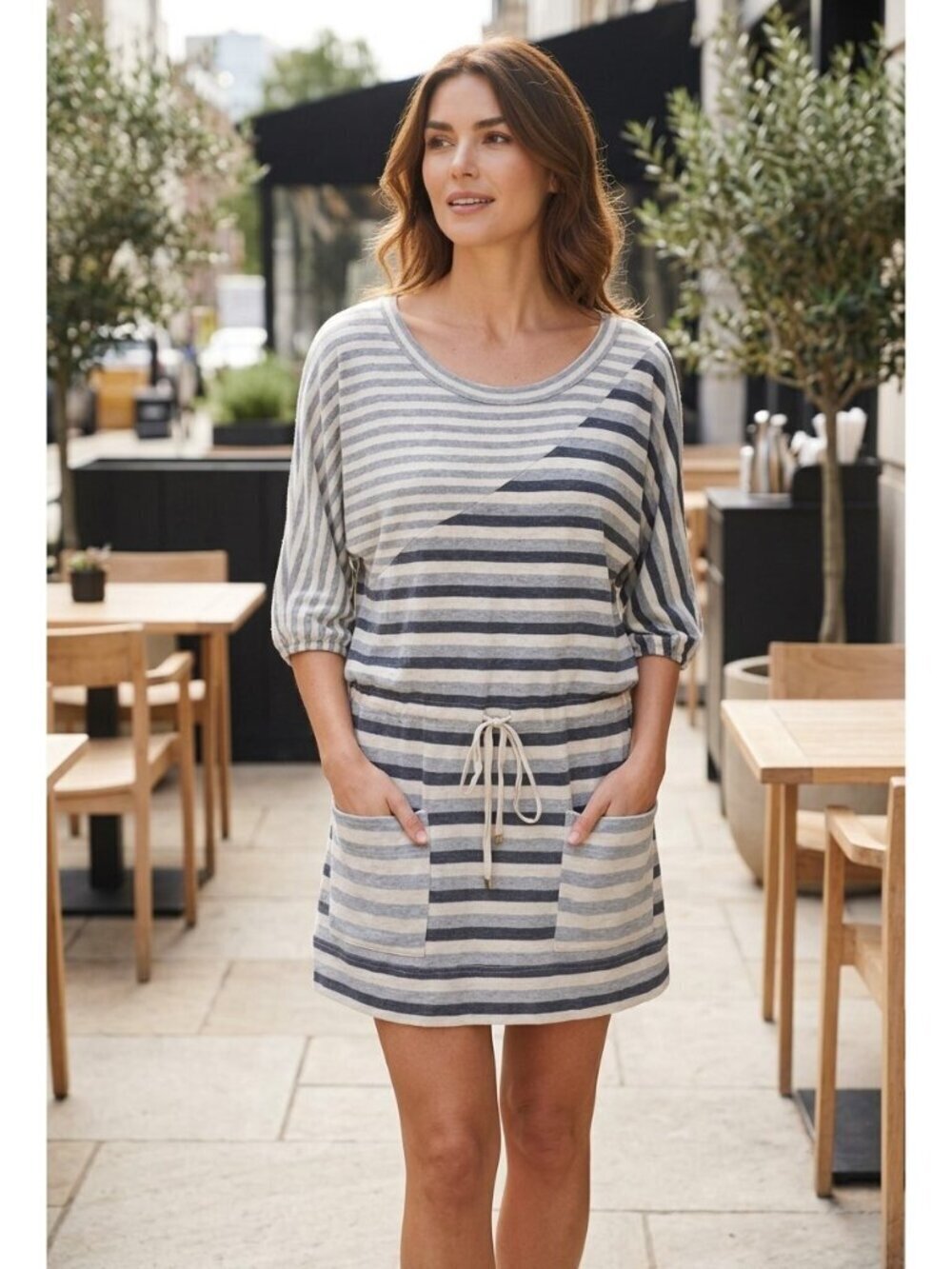 MARC BY MARC JACOBS STRIPED GRAY DRAWSTRING WAIST MINI DRESS